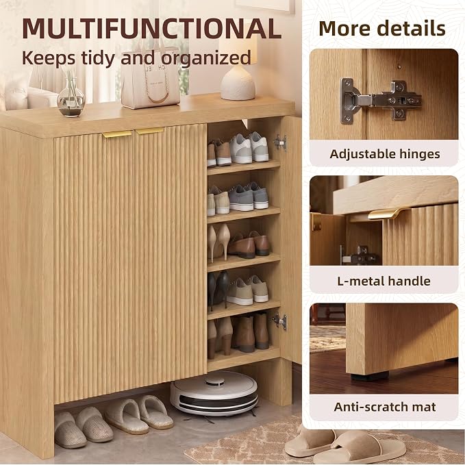 Shoe Cabinet, 5-Tier and 3 Doors Shoe Storage Cabinets with Fluted Doors and Adjustable Shelves, Thickened Wood Freestanding for Entryway, Hallway, Closet, Organizer Rack, Natural Oak JBSC003N