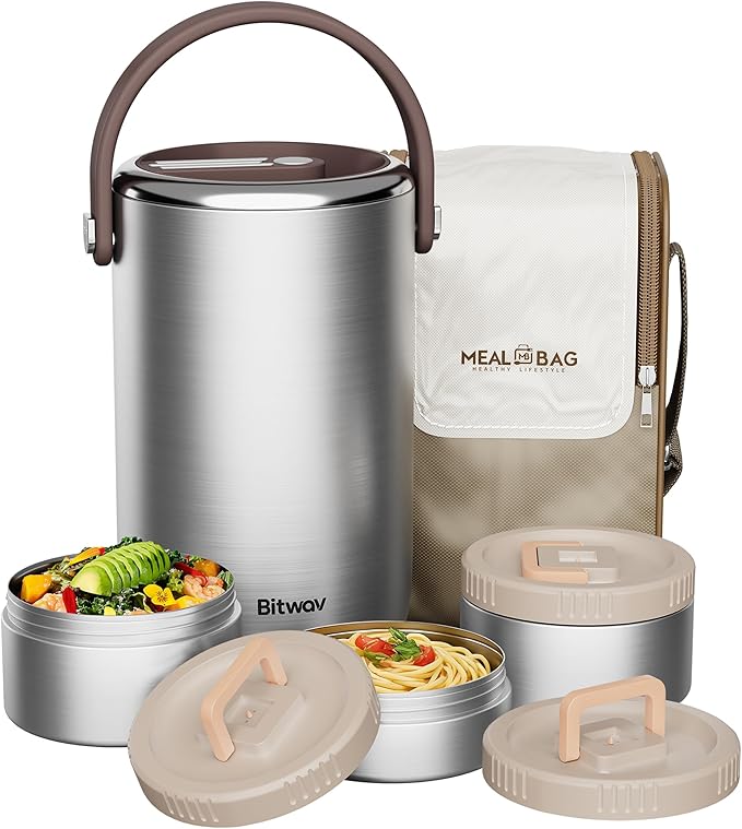86oz Stainless Steel Vacuum Insulated Food Jar for Hot & Cold Food, Portable 3 Tier Stackable Bento Lunch Box, Wide Mouth Soup Thermos for Adults with Insulated Bag (Silver, 86 Ounces)