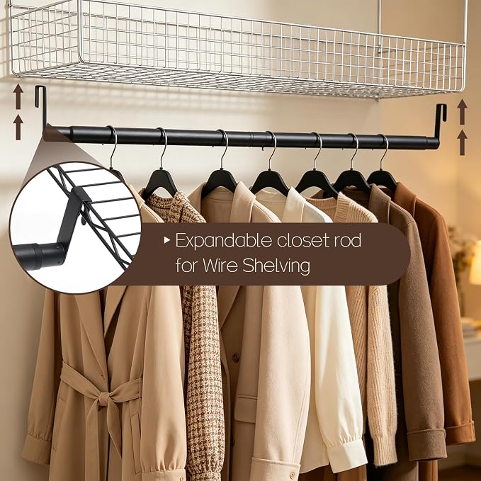 Adjustable Expandable Closet Rod for Wire Shelving, 30-70” Heavy Duty Closet Hanging Rod, Closet Extender Hanging Rod for Wardrobe, Laundry Room, Closet Organization, Black