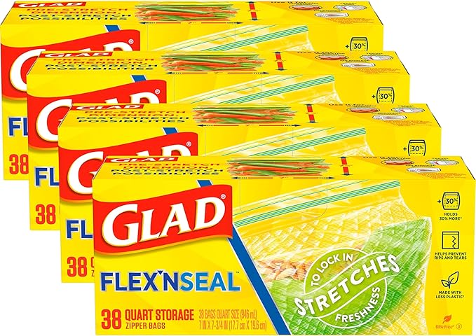 Glad Flex'N Seal Food Storage Plastic Bags, Quart, 38 count, Pack of 4 (Package May Vary)
