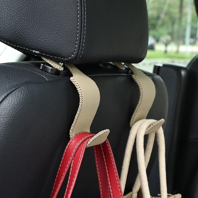 Amooca Car Seat Headrest Hook Universal Vehicle Storage Hanger Leather with Metal Car Seat Back Organizer for Handbag Purse Coat Beige 4 Pack