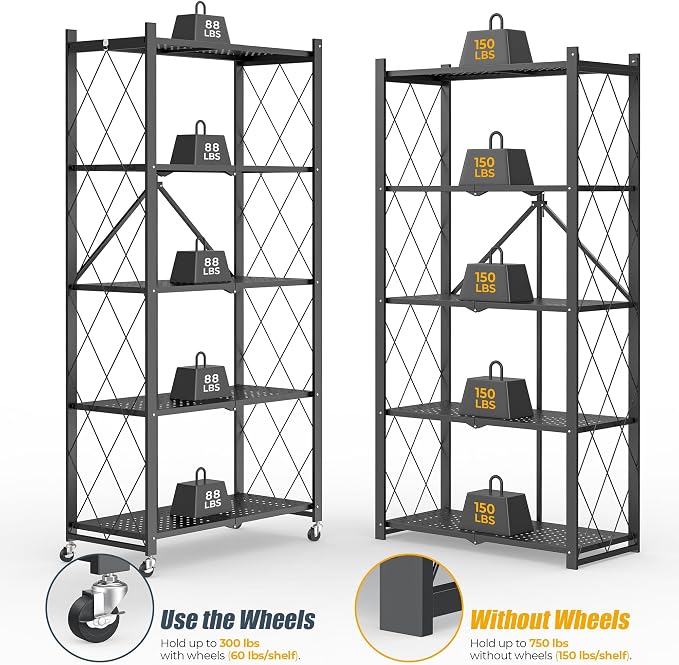 Fenbeli 5 Tier Storage Shelf with Wheels - Metal Collapsible Shelving Unit Display, Heavy Duty Folding Shelves, No Assembly Organizer Rack for Garage Kitchen, Basement, Pantry (Black, 5 Tier)