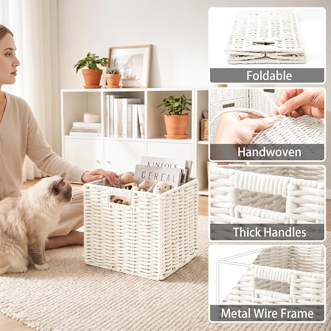 Cotton Rope Cube Storage Baskets Set of 2, 11 Inch Foldable Cubby Organizer Bins with Handles, Handwoven Square Basket for Organizing, Cube Closet Storage Bins for Shelves, Home Decor (White 2 Pack)