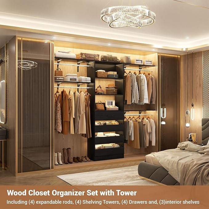 Aheaplus Closet System, 8FT Closet Organizer with 4 Wooden Drawers, Wood Closet Organizer System with Tower, Walk-in Closet Organizer Wardrobe Clothes Rack with 4 Hanging Rods, Garment Rack, Black