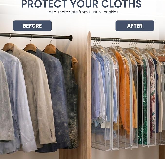 Garment Bags for Dresses, 24" Extra Wide All Clear Garment Covers with Side Zipper, 40" Suit Bags for Closet Storage, Travel Garment Bag for Hanging Clothes – Pack of 4