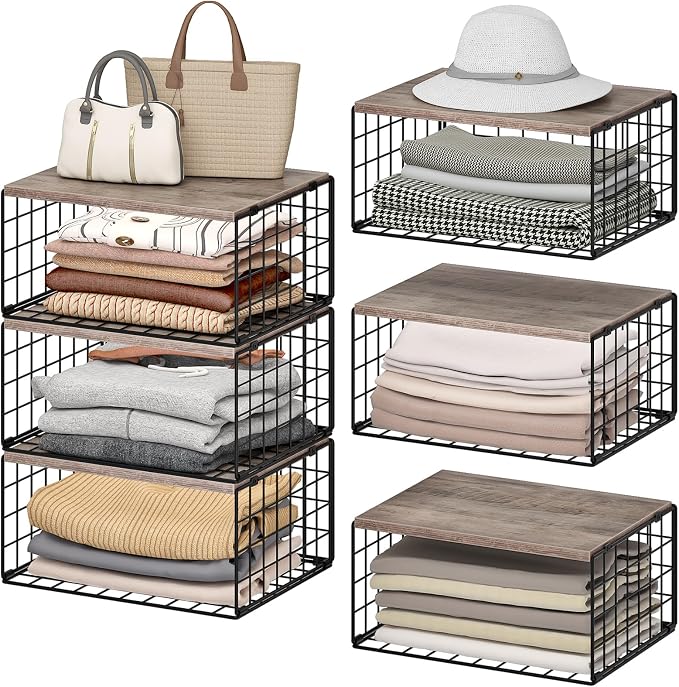 CHOEZON 3-Tier Stackable Closet Organizers and Storage, Closet Shelves Storage Bin Baskets with Wooden Upper Surface, Clothes Storage Cubes for Wardrobe and Closet Organization, Greige and Black