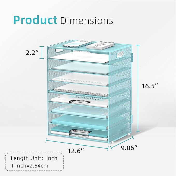 DALTACK 9-Tier Paper Organizer for Desk, Mesh Letter Tray Desk Organizer with Handles, Space-Saving File Organizer for Office Home School, Blue 2 Pack
