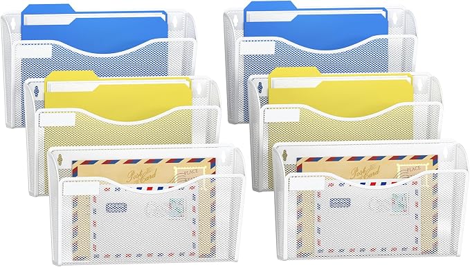 samstar 6 Pack Mesh Wall Mounted File Holder Metal Wall File Pocket Mail Organizer for Office/Home(with Label Panel), White