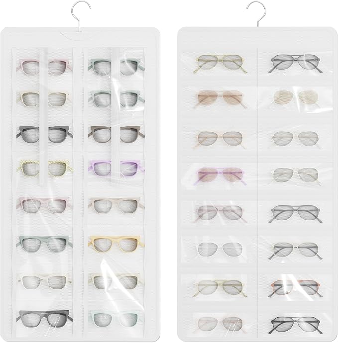 Hanging Sunglasses Organizer and Storage, 32 Slots Jewelry Holder, White | Protect eyewear from dust with double-sided clear compartments; roof design hangs on wall, door or closet for home/RV travel.