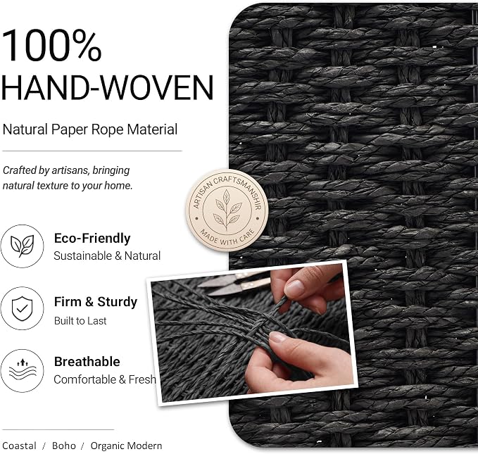 Pantry Organizers, Handwoven Large Wicker Baskets for Shelves, Labeled Storage Baskets for Organizing with Handles - Paper Storage Bins, Boho Decorative, 3 Pack, Black
