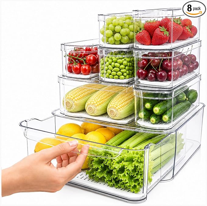 SMRCAD Clear Fridge Bins with Drain Trays - BPA-Free PET, Stackable(8 Pack) | 8 Pack: 1 Drawer + 7 lidded Bins, Helps Keep Produce Fresh, 18.3L Capacity, Hand Wash Only
