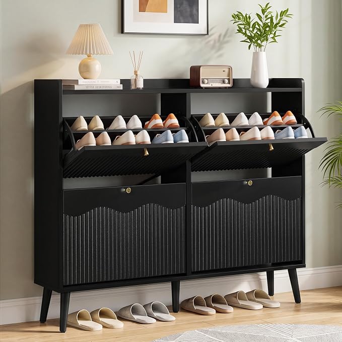 BERRYMERRY 47.2” Shoe Storage Cabinet for Entryway with 4 Flip Drawers, Narrow Shoe Organizer with Wave&Fluted Panel, Freestanding Wood Hidden Shoe Cabinet for Hallway