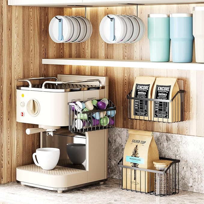 NiHome 5PCS Cabinet Door Lid Organizers Holders for Food Storage Container Lids Tupperware Tumblers Canning Lids, 3 Sizes Rustproof Metal Baskets for Spices, Toiletries, Under Sink or RV Storage