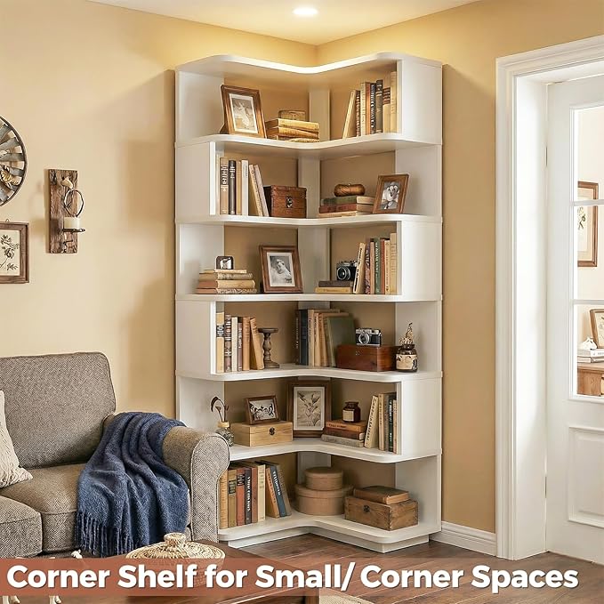Besiost Corner Book Shelf, 7-Shelf Corner Bookshelf for Small Corner Spaces, L-Shape Bookcase Corner Display Shelf for Home Office, Living Room, Bedroom, Kitchen Pantry, White