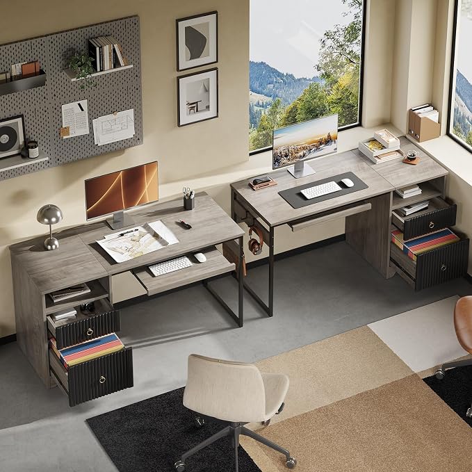 Bestier 55Inch Modern Fluted Desk with Drawers & Keyboard Tray, Grey | 55 X 22 In Work Surface, File Drawer, Reversible Pedestal, Fluted Panels And Keyboard Tray For Home Office Storage.