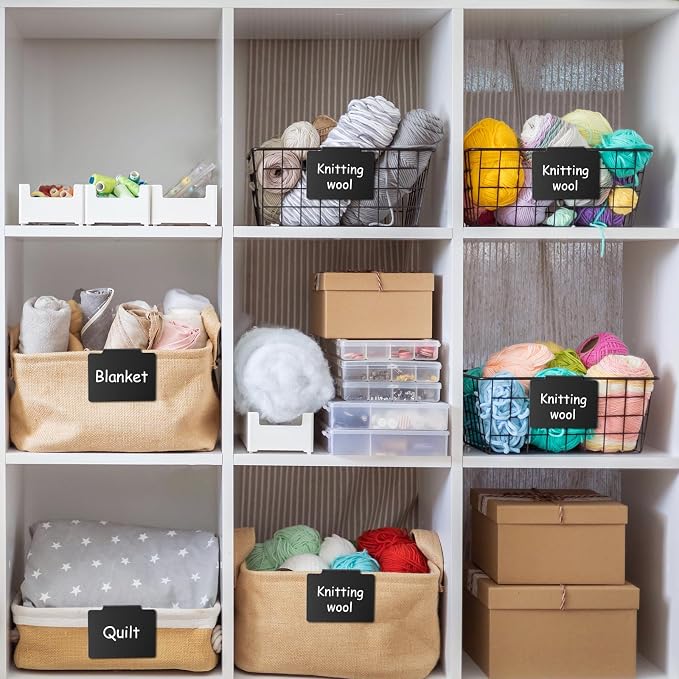 Chinco 24 Pcs Basket Label Clips Set Include 30 Removable Kitchen Clip Label Holder PVC Storage Bin with 2 Chalk Markers for Basket Kitchen Pantry Organization (Black Clip,White Pen)