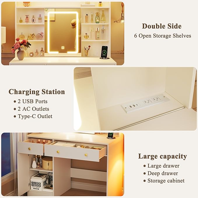 HUAHUU Vanity Desk with Mirror and Lights, 37" Makeup Vanity Desk with LED Lighted Mirror, Power Outlet, White Vanity with Storage Cabinet, 2 Drawers & 6 Shelves for Bedroom