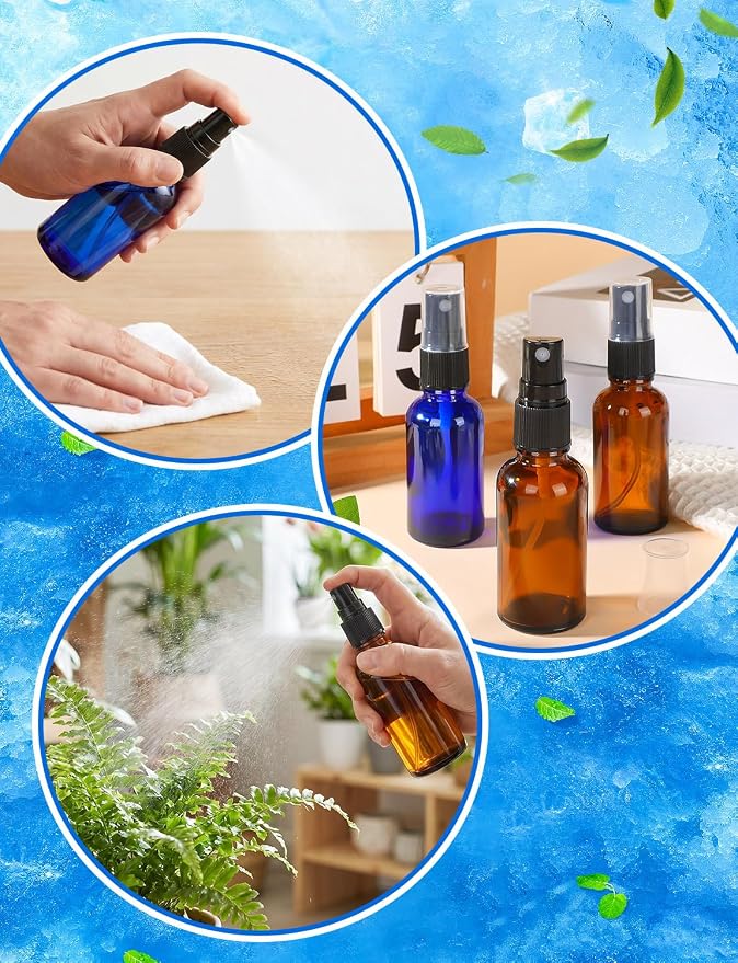 10 Pcs Glass Spray Bottles, 30ML/1OZ Amber Brown Blue Empty Fine Mist Small Travel Spray Bottle Refillable with 2 Funnels and 2 Labels