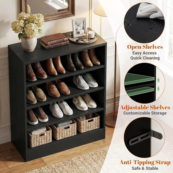 Homieasy Shoe Cabinet, 5-Tier Modern Wood Shoe Storage Organizer, Black | 3 Adjustable Shelves for Entryway, Multi-Purpose Display Shelf & Storage Cabinet for Living Room, Bedroom