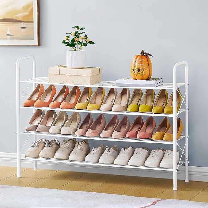 Hoctieon 4 Tier Mesh Style Shoe Rack, Entryway Shoe Shelf, Shoe Storage Organizer, Shoe Rack for Closet, Space Save for Bathroom, Garage, Hallway, Bedroom, Living Room, White