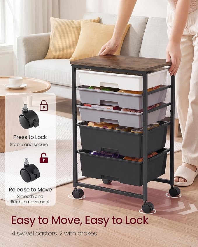 VASAGLE 5-Drawer Rolling Storage Cart, Mobile Organizer Trolley with Wood Top and Metal Frame, for Craft Room, Office, 15.6 x 11.2 x 24.8 inch, Black, BENCO Collection ULRC005B101