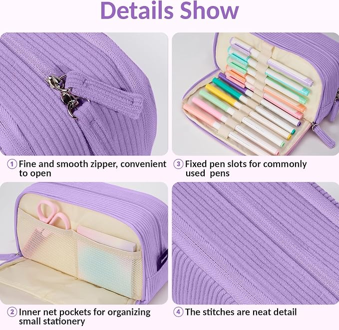 Sooez Big Capacity Pencil Case Pen Pouch, Soft Corduroy Pencil Bag with 3 Compartment, Multiple Pockets, Sturdy Zipper, Cute School Supplies Pen Bag Organizer For Teen Girls College, Purple