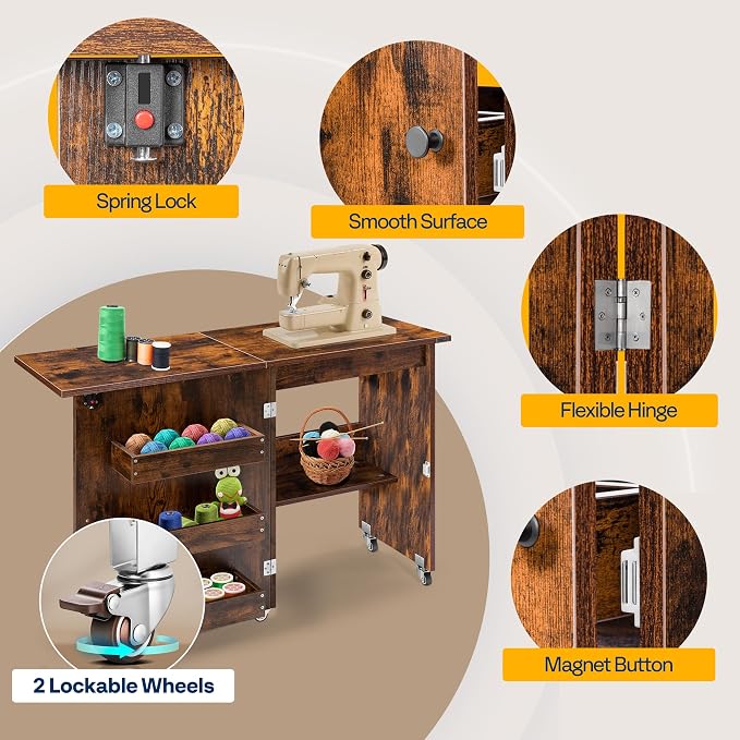 VIVOHOME Folding Sewing Table for Sewing Machine, Sewing Desk with Storage | Rolling Sewing Craft Table with Storage Shelves, Trays, Wheels, Sewing Cabinet with Lift for Small Spaces, Rustic Brown