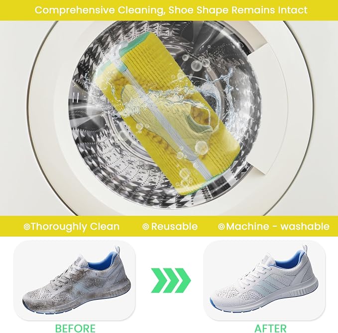 1pc Shoe Washing Machine Bag, Sneaker Laundry Bag for Washing Machine, Extra Long and Thick Microfibre Fluff, Reusable for Washer and Dryer (1pc, Yellowish Green)