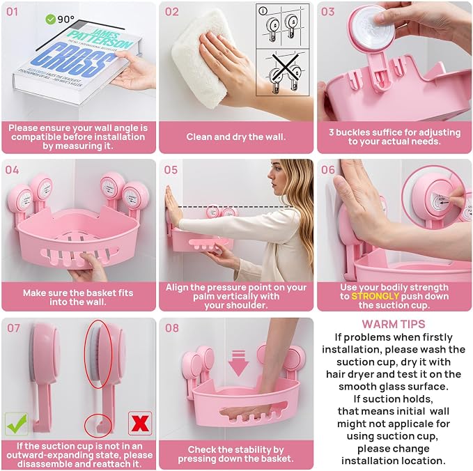 LEVERLOC Corner Shower Caddy Suction Cup, Shower Shelves Suction Cup | 2 Pack Heavy Duty Basket Bathroom, Removable Shower Organizer for Kitchen, No-Drilling Shower Caddies(Pink)