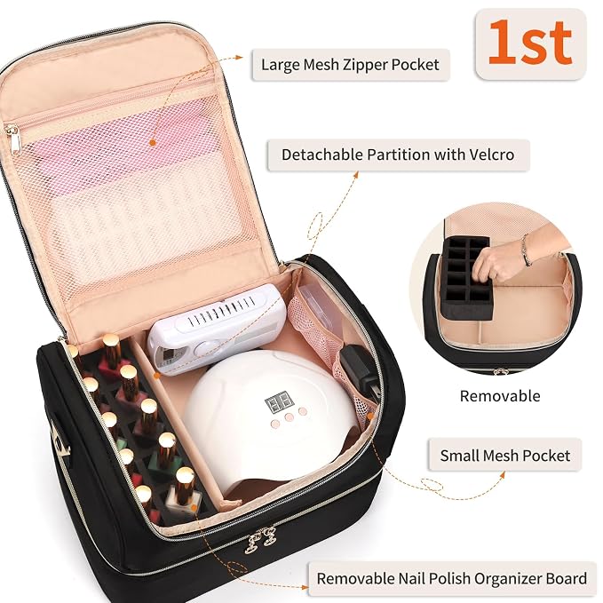 CUBETASTIC Nail Polish Organizer, Portable Nail Polish Storage Case Holds 45 Bottles Nail Polish & Nail Lamp, Travel Nail Supplies Organizer for Nail Tech Kit & Manicure Tools