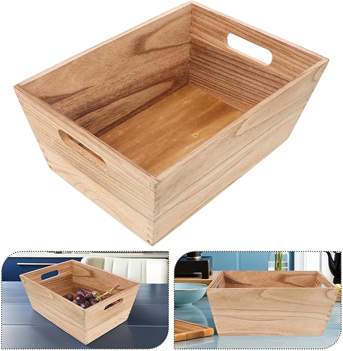 INOOMP Wooden Crates Fruit Vegetable Basket for Kitchen Countertop Rustic Wood Craft Crate with Handles Display Storage Bin for Pantry and Home Organization