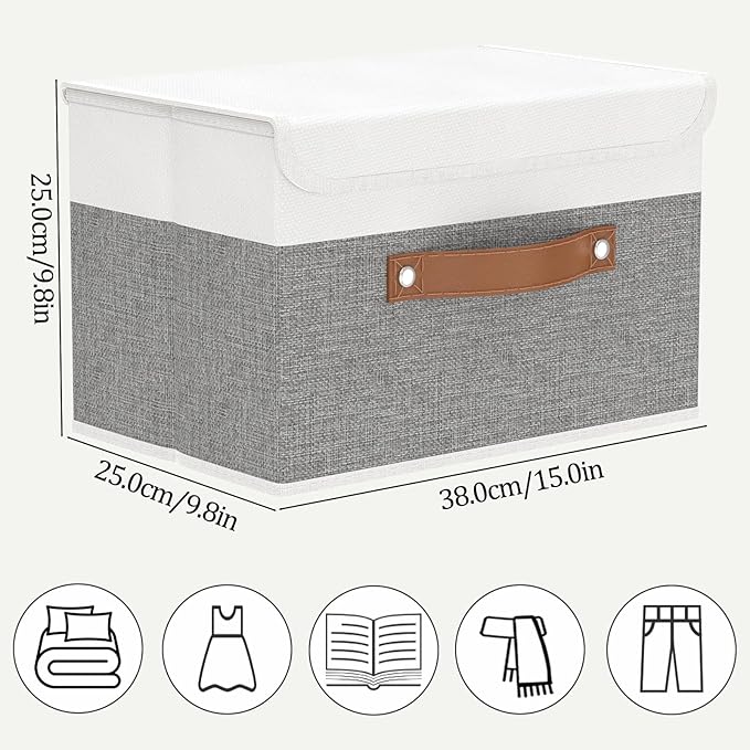 OUTBROS Foldable Storage Boxes, Large Linen Fabric, 15 x 9.8 x 9.8 inch, White/Grey, 3-Pack