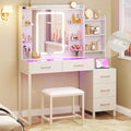 HUAHUU Vanity Desk with Mirror and Lights 3 Colors, 43.3" Makeup Vanity with Glass Top & RGB Light, White Vanity Table Set with Stool, 5 Drawers & Power Outlet for Bedroom Dressing Room