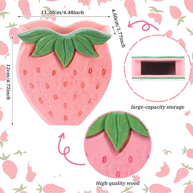 Mifoci Strawberry Pencil Holder Cute Pen Holder for Desk Organizer Wooden Pencil Cup Pink Berry Aesthetic Makeup Brush Storage, Back to School and End of Year Gift