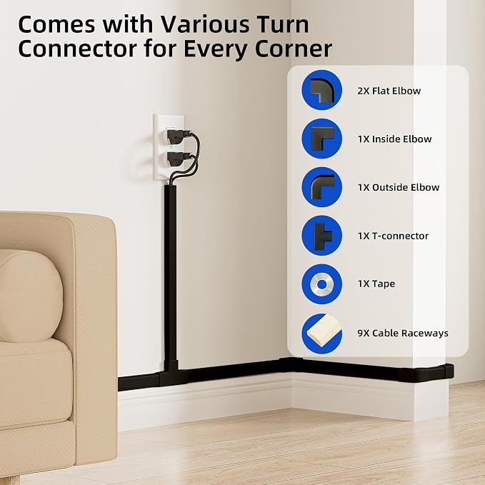 Delamu 142in Black Cord Hider Cable Hider, Cord Covers for 2-3 Wires on Wall, Premium Wire Hiders Wire Covers for Cords on Wall, Easier Setup TV Cable Cover Management Kit, W0.94 H0.47in, Black