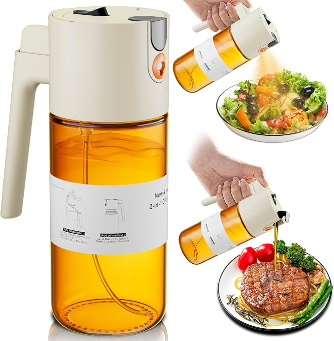 LAKUMIQI 2 in 1 Oil Sprayer & Dispenser, 17 oz Light-Blocking Glass Bottle | Large Capacity, Wide-Mouth for Easy Pouring and Cleaning, Leak-Proof Oil Bottle with Stickers for Salads, Air Fryers, BBQ
