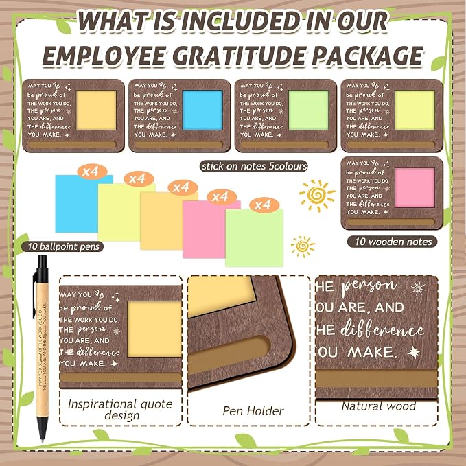 Kosiz 10 Set Back to School Teacher Gifts Bulk May You Be Proud Brown Wooden Sticky Note Holder with Notes and Ballpoint Pens Thank You Appreciation Gift for Teacher Team Employee Office Supplies