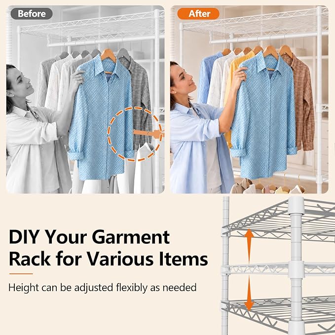 Heavy Duty Clothes Rack, Portable Clothing Garment Rack for Hanging Clothes, Adjustable Storage Closet with Wire Shelves and Hanging Rods, Freestanding Closet Organizer, Max Load 700Lbs, White