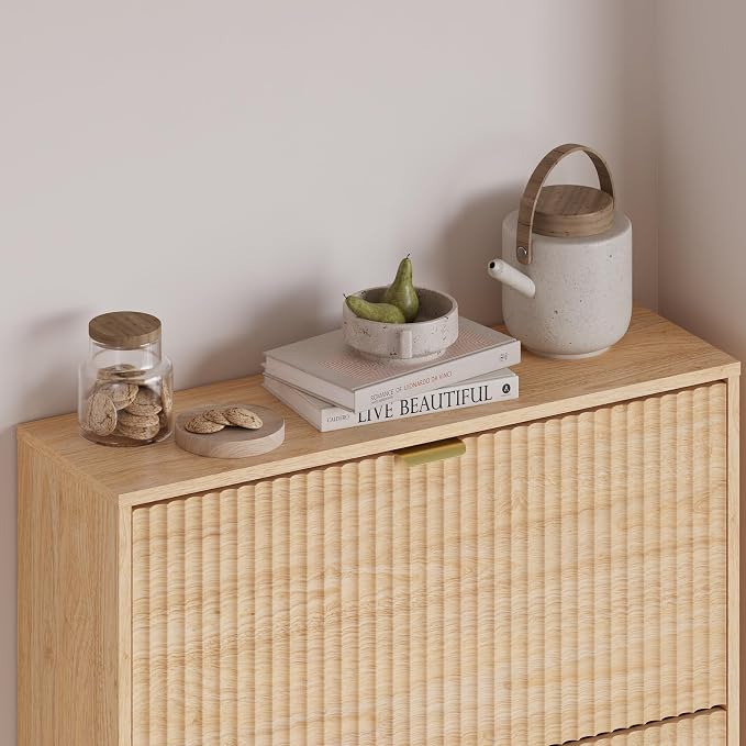 BORNOON Entryway Shoe Cabinet with 3 Flip Drawers, Narrow Shoe Organizer Cabinet with Fluted Panel and Adjustable Shelves for Foyer, Hallway