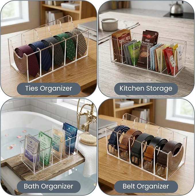 Acrylic Belt Organizer for Closet with Removable Dividers- 2 Wall Hooks for Hanging Towel- 5 Compartments & Handles Drawer Organization and Storage for Purse, Underwear, Socks & Ties (3 Pcs)
