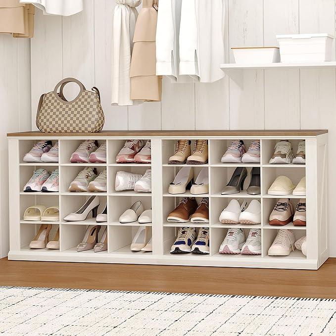 Hzuaneri Shoe Storage Bench, Wooden Entryway Shoe Benches with Cubby | Widened Wooden Farmhouse Shoe Bench with Compartments, Shoe Rack Benches for Cloakroom, Living Room, Antique White SB52514B