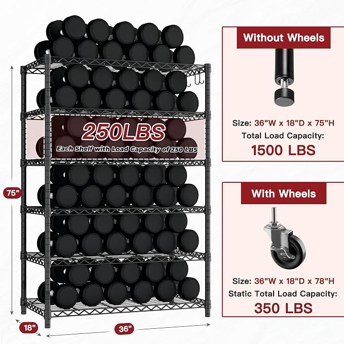 PrimeZone 6 Tier 36'' W X 18'' D X 78'' H Wire Shelving with Wheels 1500lbs Storage Shelves NSF Listed Heavy Duty Metal Shelf Adjustable Rolling Rack Easy Assembly for Home Kitchen Garage Pantry