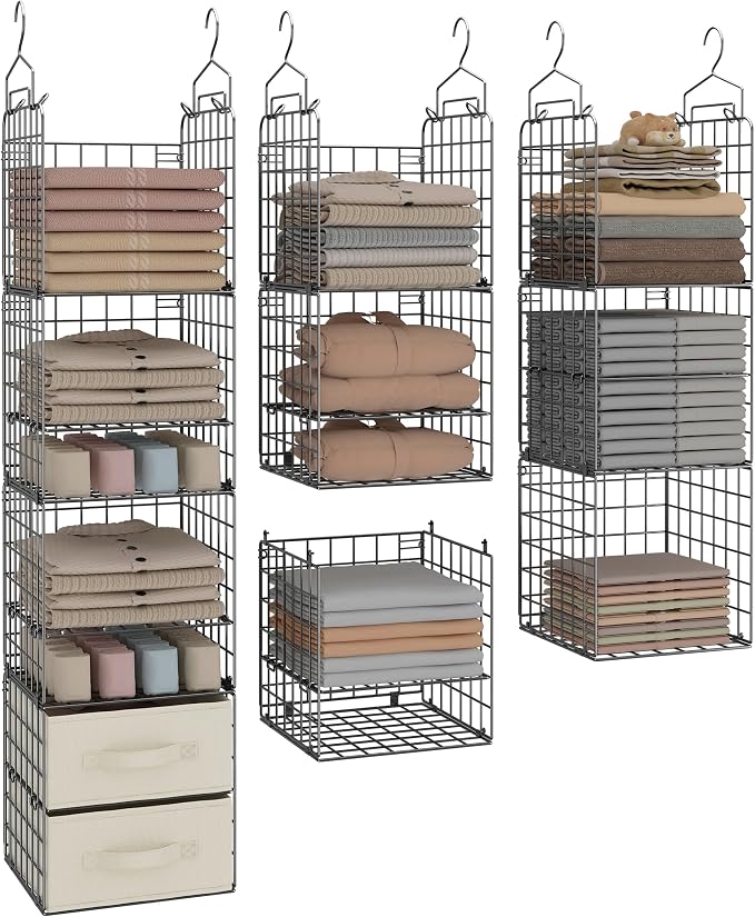 4 Pack Metal Hanging Closet Organizer, Adjustable Wire Shelves with 2 Fabric Drawers, Heavy Duty Foldable Clothes Storage Rack | No Sag Foldable Storage Rack for Clothes, Sweaters, Socks, Hats, Small Closets, Apartments, Dorms