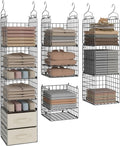 4 Pack Metal Hanging Closet Organizer, Adjustable Wire Shelves with 2 Fabric Drawers, Heavy Duty Foldable Clothes Storage Rack | No Sag Foldable Storage Rack for Clothes, Sweaters, Socks, Hats, Small Closets, Apartments, Dorms
