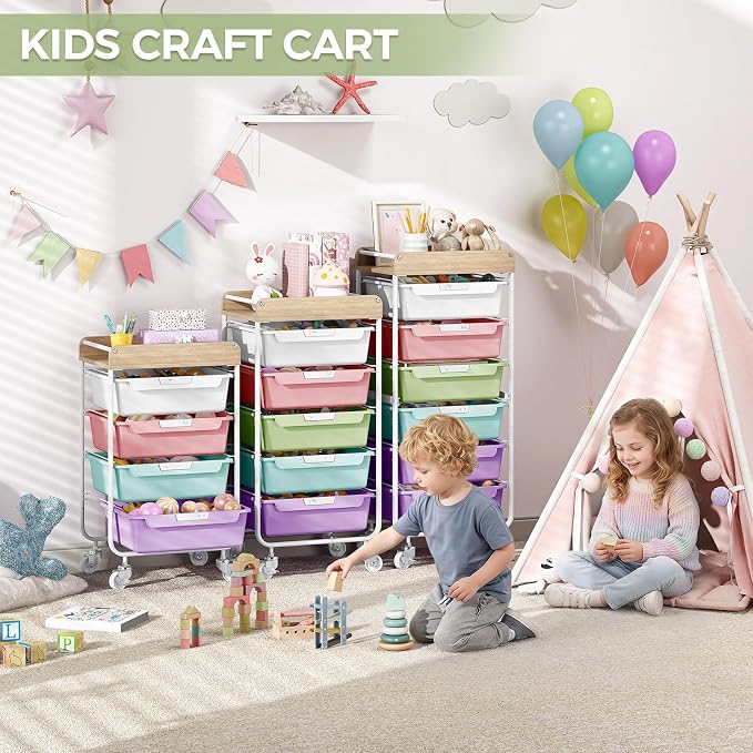 SYKIARIOL Rolling Utility Storage Cart,4 Labeled Ice Cream Colored Drawers with Wooden Tabletop, Art Craft Sewing Study Organizer Cart for Crafters,Artists,Sewing enthusiast,Kids,Teachers,Students
