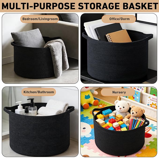65L Large Blanket Basket,Woven Rope Laundry Basket Hamper with Handles,Decorative Nursery Basket Storage Bin for Toys, Pillows , Clothes Organizer, Living Room, Bedroom, Bathroom, Black