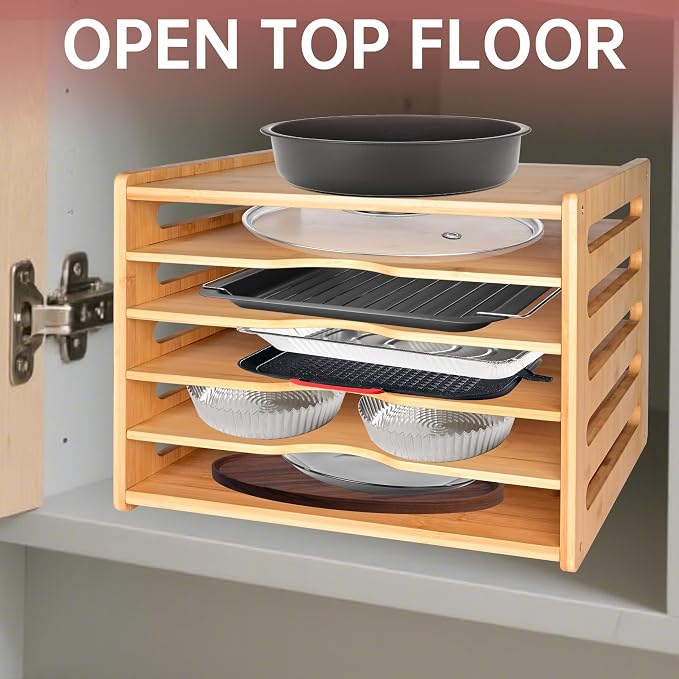 Cookie Sheet Organizer for Cabinet, 6 Tier Sheet Pan Organizer, Baking Sheet Organizers Inside Cabinet, Bamboo Kitchen Organizer for Bakeware and Cutting Board