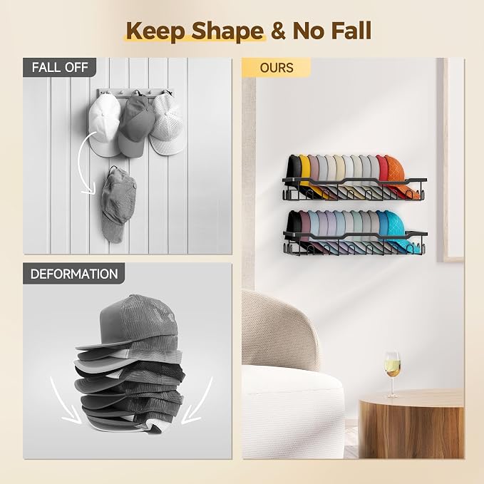 Nicetree Hat Racks for Base ball Caps Wall - Metal Hat Organizer for 48 Baseball Caps Holder, 2 Pack Baseball Hat Storage Organizer for Closet, Bedroom, Living Room