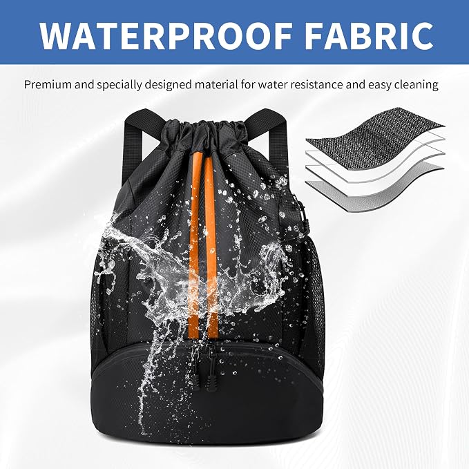 JELUTAR Drawstring Backpack Gym Bag with Shoes Pocket, Black Orange | Water-Resistant String Backpack for Soccer, Basketball, Swim, Beach Cinch for Women Men, 18 L Large Capacity, Wet Pocket