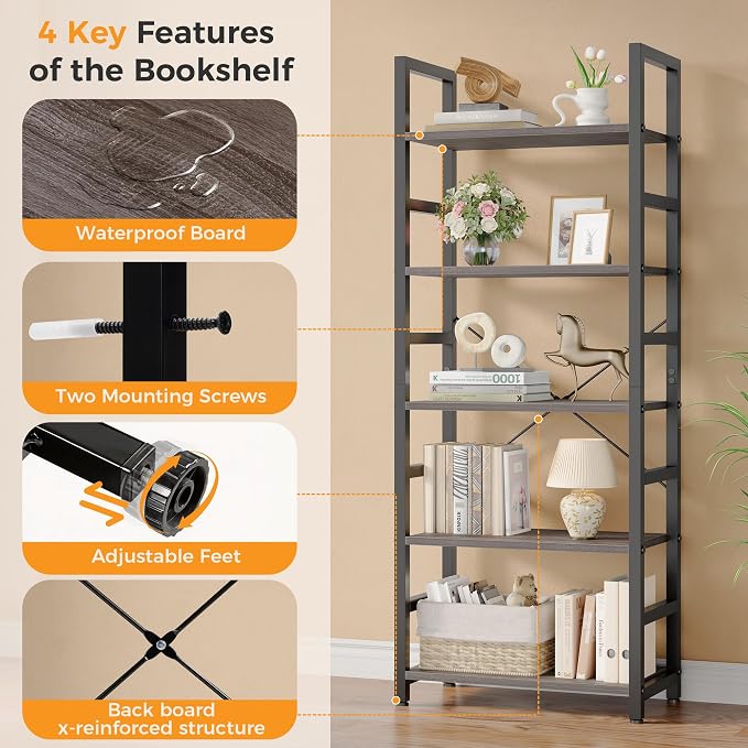 DUMOS 5-Tier Bookshelf, Modern Tall Bookcase Book Shelf | Open Storage Display Shelf for Living Room, Bedroom, Home Office, Narrow Standing Shelving Unit for Books, CDs Wood Grey